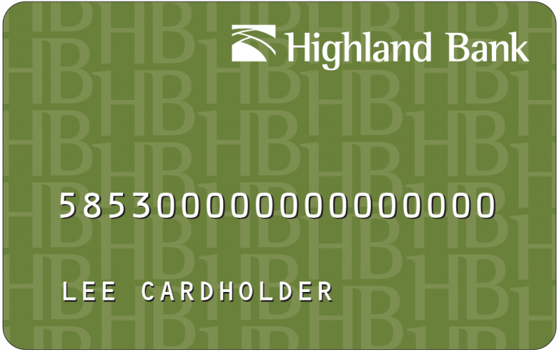 Highland Bank's business ATM Card with the background choice of HB in Green text coloring