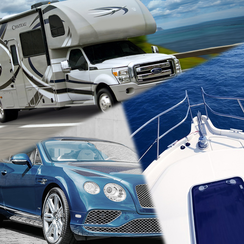 an RV camper, sporty car, and boat that could all be obtained with a loan